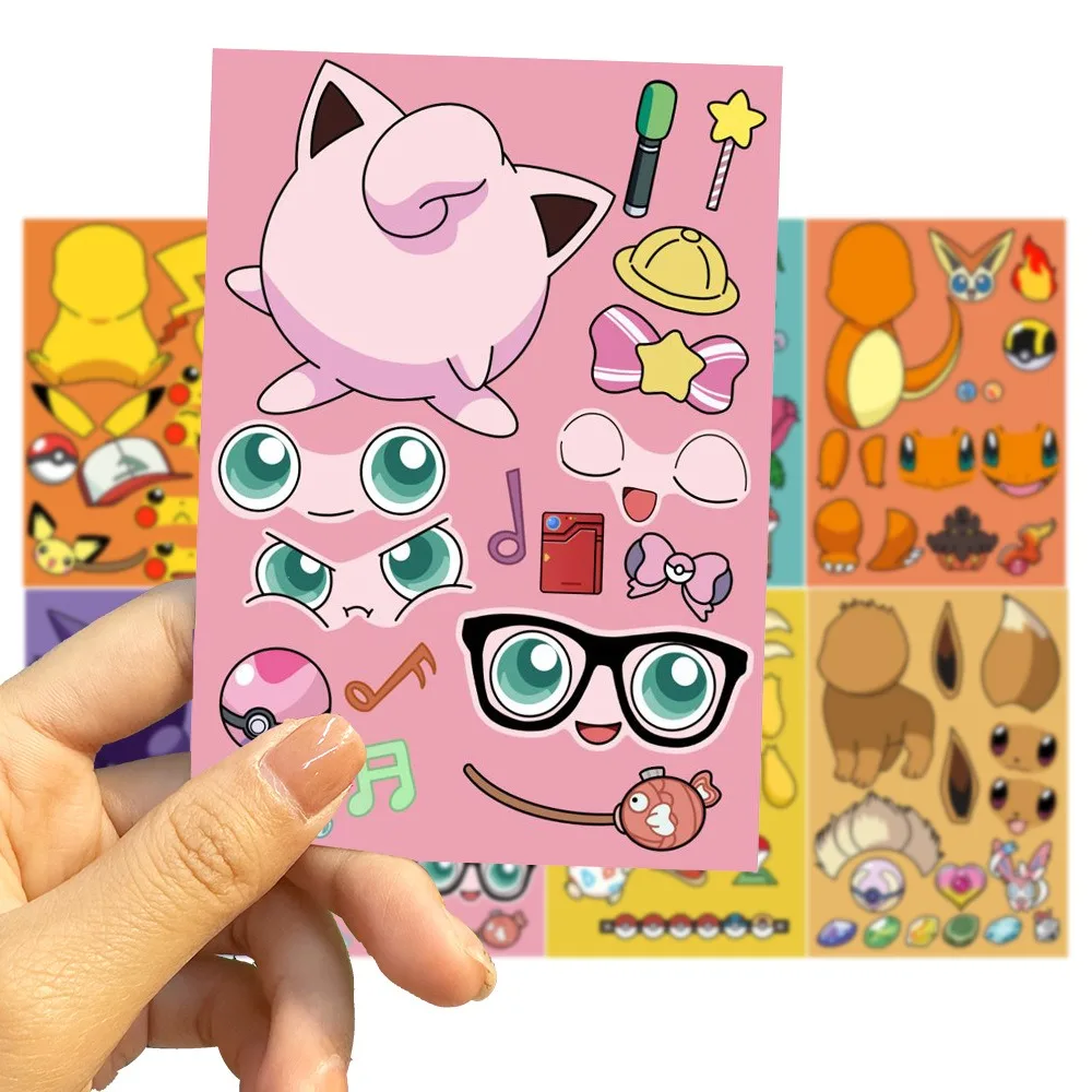 8Sheets Children DIY Puzzle Sticker Pokemon Pikachu Face Funny Anime Pikachu Assemble Stickers Kids Toys Boys Girls Gifts