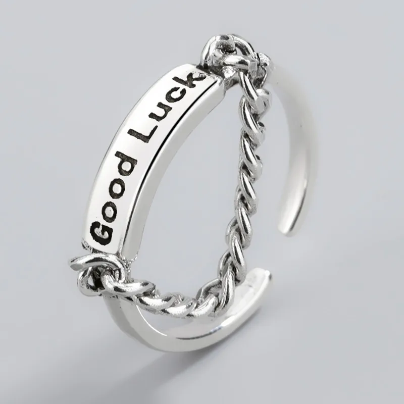 Fashion Hipster Good Luck Letter Alphabet Silver Color Finger Ring For Women Retro Tassel Chain Delicate Jewelry Gifts