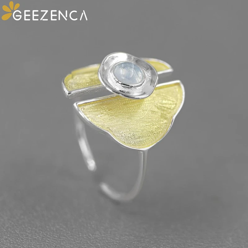 GEEZENCA S925 Silver Two Tone Plated Rings Women Garnet Aquamarine Natural Stone Designer Style Resizable Ring 2023 New Gift