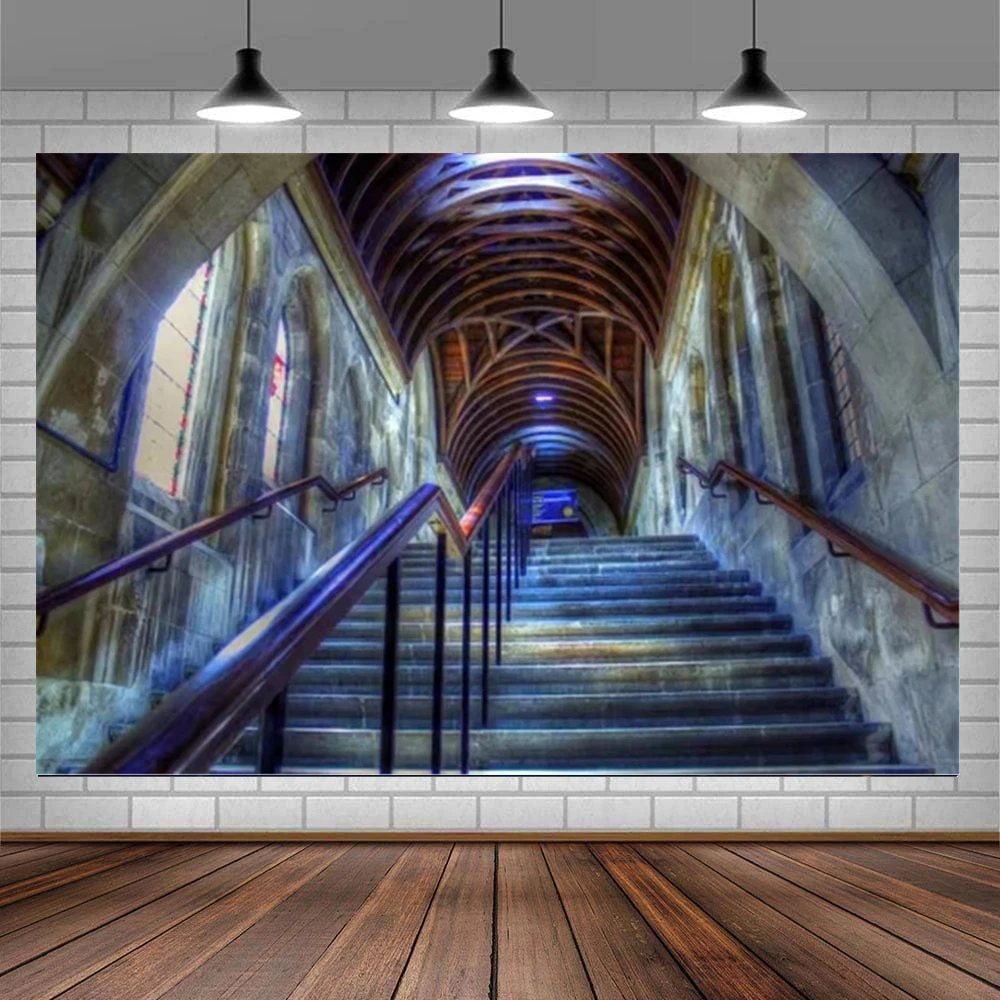 Medieval Castle Interior Photography Backdrop Archway Columns Stairway Dim Light Architecture Pillars Portrait Shoot Background