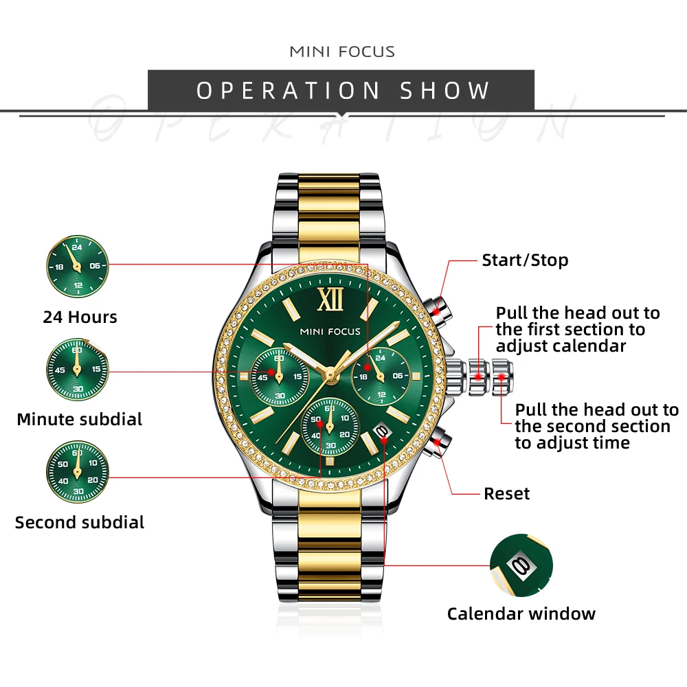 MINI FOCUS Green Dial Watch for Women with Diamonds Luxury Stainless Steel Gold Bracelet Watch 0617L
