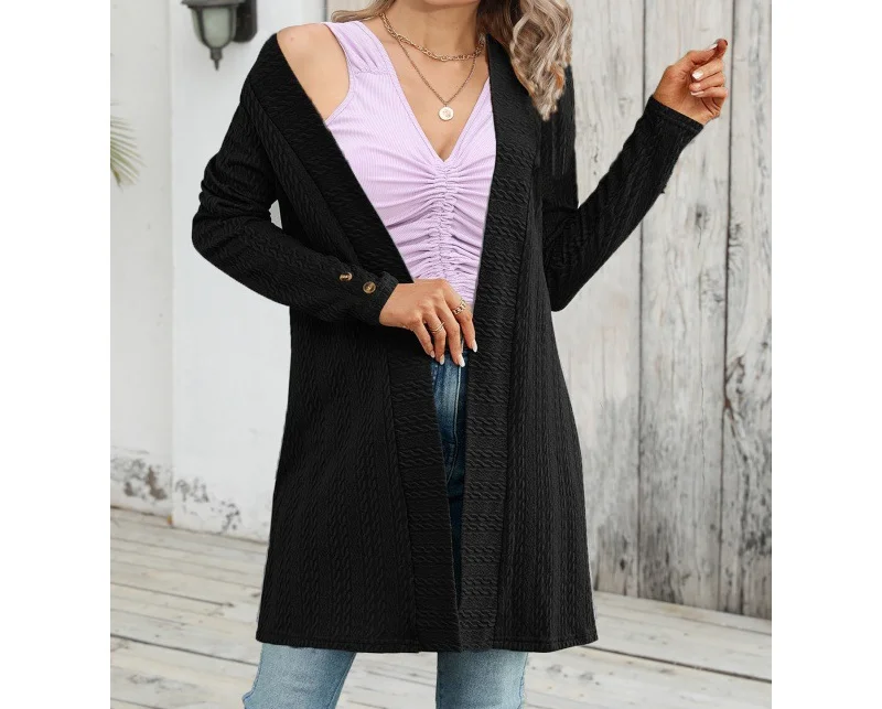 Fashion Elegant Temperament Slim Fashion Winter New Women Solid Color Buttons Long Sleeve Loose Cardigan Coat