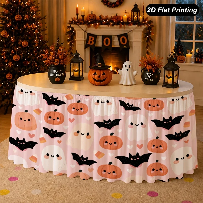 1 2D flat Halloween tablecloth pumpkin ghost pattern table skirt, perfect for home kitchen decoration