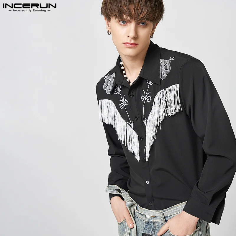 INCERUN 2024 Men Shirt Embroidered Tassel Patchwork Lapel Long Sleeve Button Fashion Camisas Streetwear Casual Men Clothing 5XL