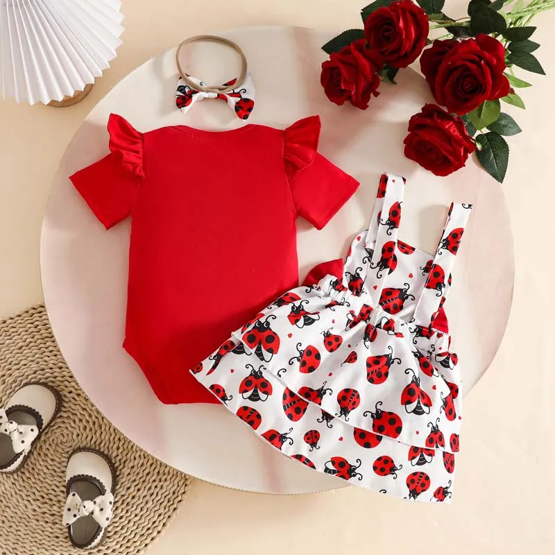 0-18 Months Baby Girl Clothing 3-Piece Outfits Summer Short Sleeve Red Bodysuits+Ladybug Print Dress+Headband Newborn Set