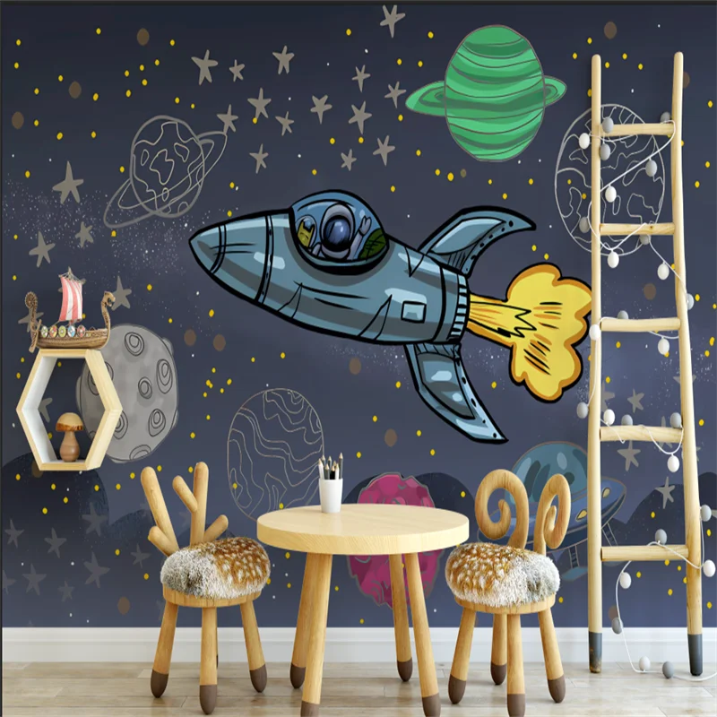 Custom 3d Cartoon Spacecraft Starry Sky Children's Room Background Mural Wallpaper for Kids Room Wall Papers Home Decor