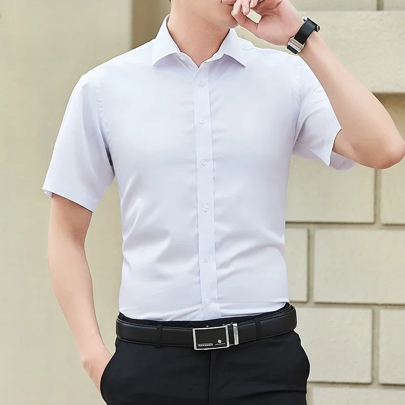 

2026 Summer Men's Slim Solid Color Short Sleeve Shirt Business Casual White Shirt Male Brand Large Size 5XL Classic Style