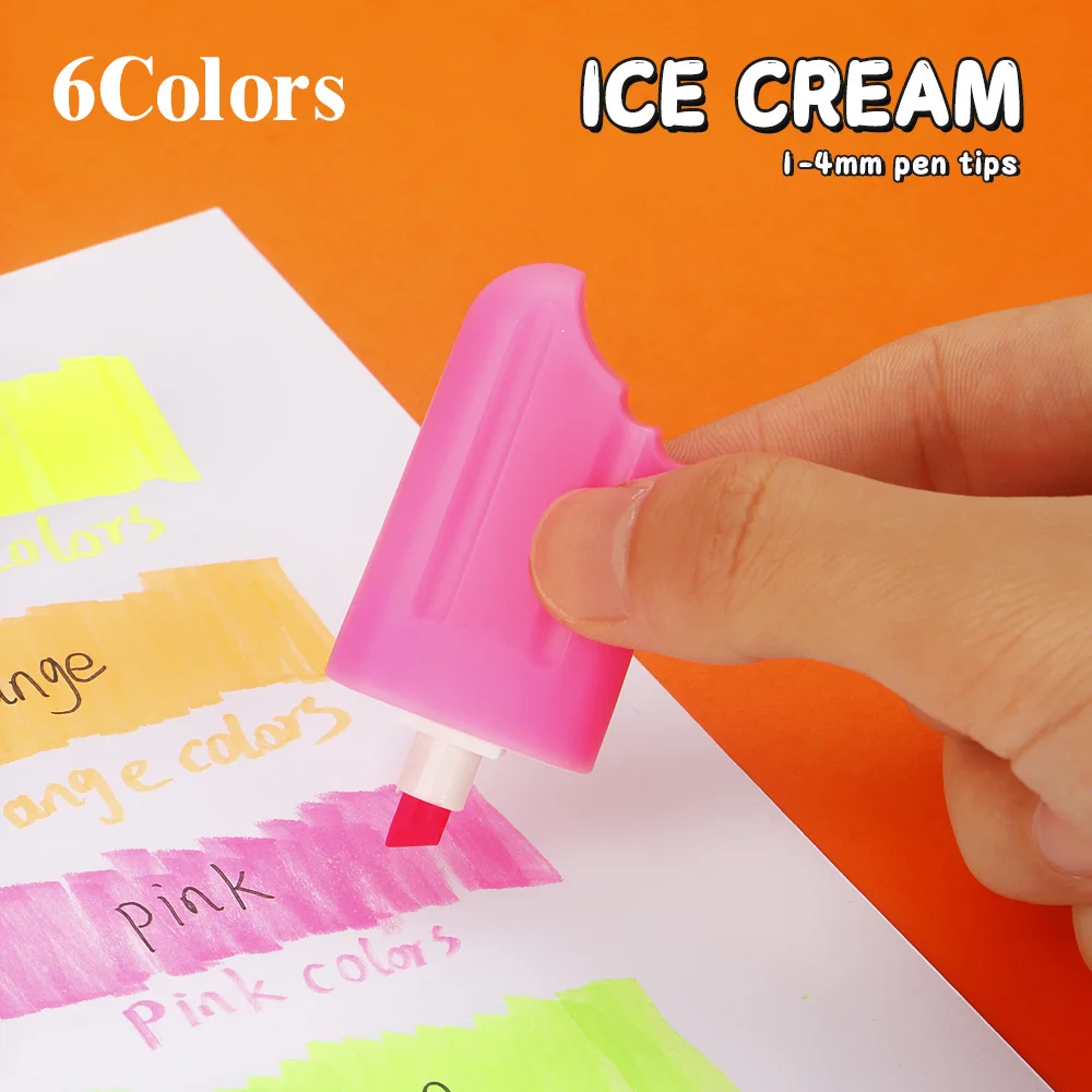 6 Pcs/Set Cute Ice Cream Shape Highlighters - Non-bleeding - For Study & Meeting Notes,Office & School Stationery.