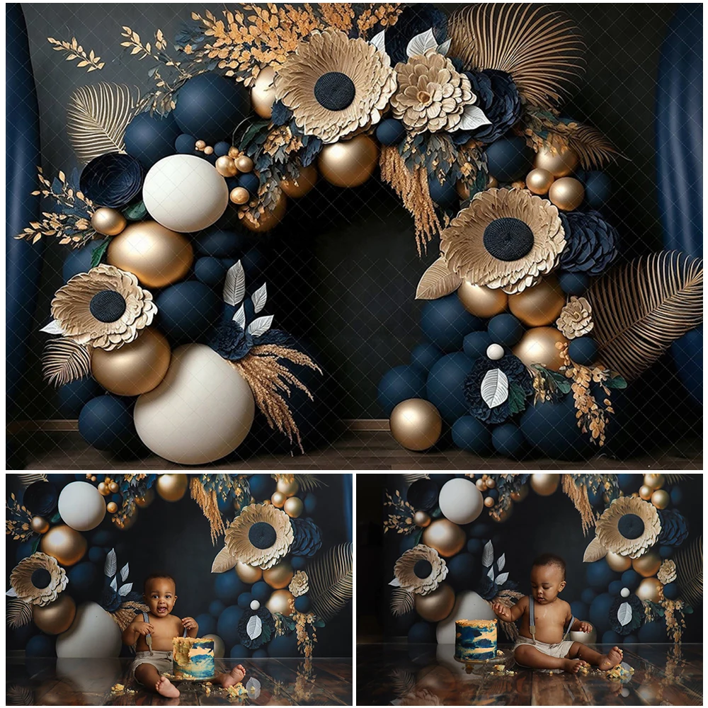 

Navy Gold Floral Balloon Garland Photo Background Baby Birthday Cake Smash Photography Backdrop Kids Portrait Photo Studio Props