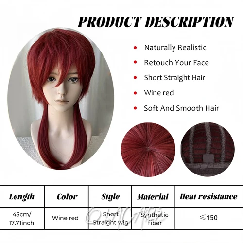Imagen 2 del producto OLACARE-pelucas de cabeza de salmonete para hombre y mujer, pelo largo sintético liso con flequillo, color negro, vino y rojo, Cosplay de Anime, para fiesta diaria