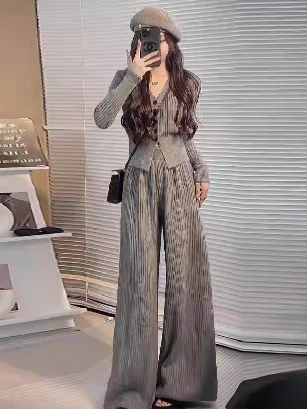 

Fashionable Korean Style Women's Suit V-Neck Long Sleeve Top Wide Leg Pants Two-Piece Set Elegant Grey Spring New Arrival
