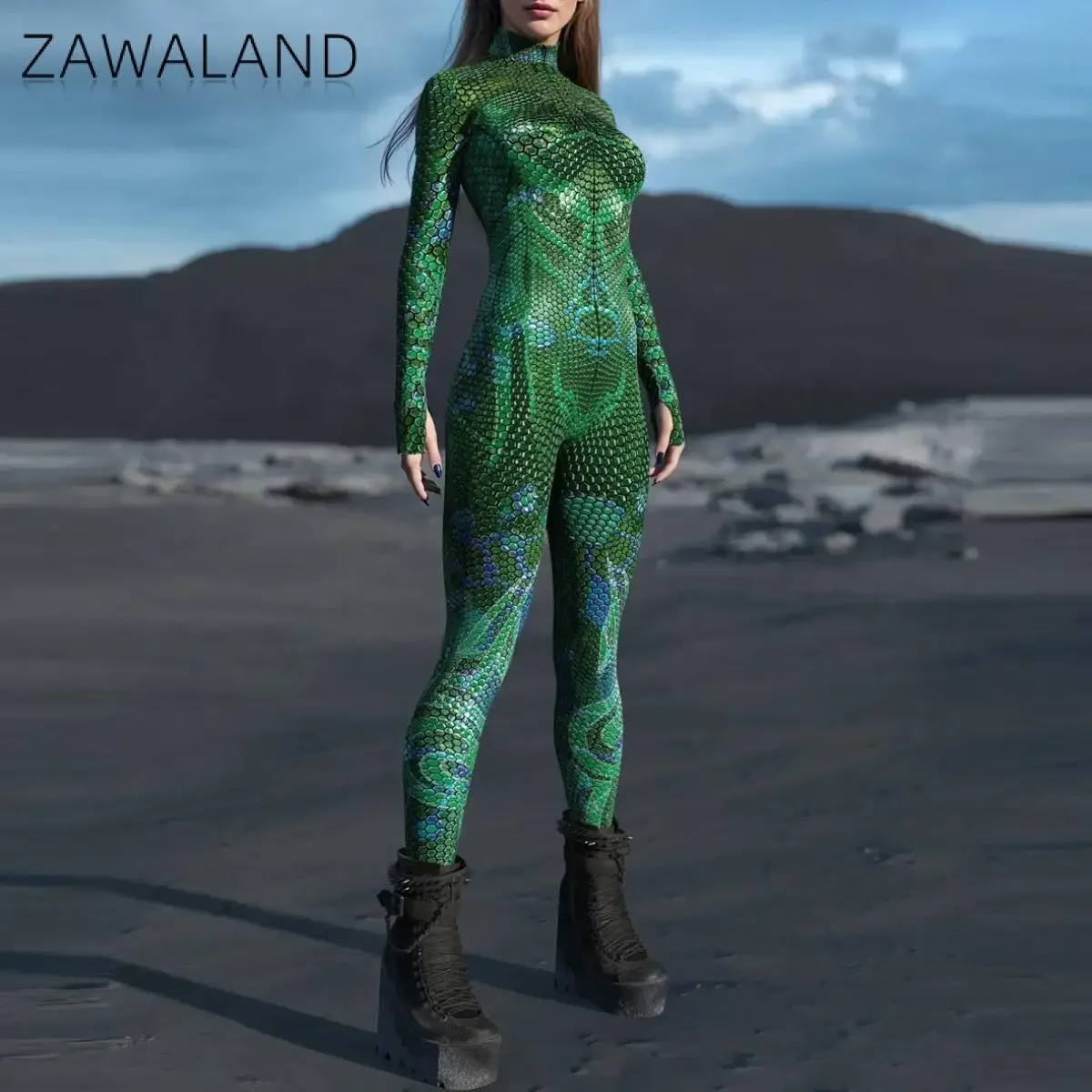 Zawaland Myriad Sentinel Green Cosplay Bodysuit Women Men Snake Print Costume Festival Party Outfit Rave Performance Zentai Suit view 2