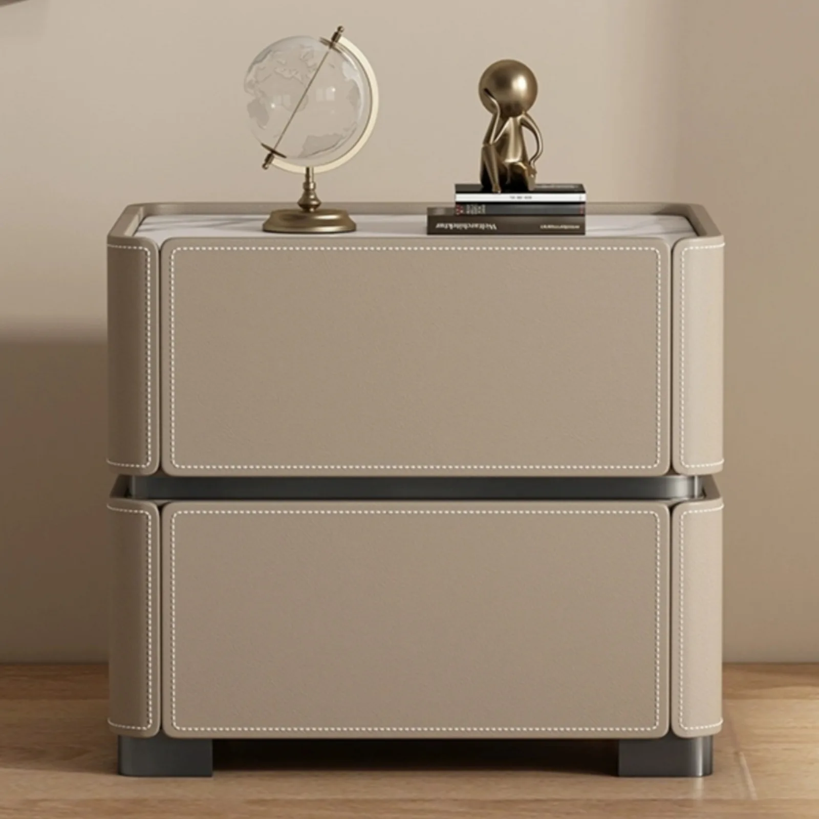 New saddle leather all solid wood bedside table creative bedroom fully equipped storage cabinet light luxury