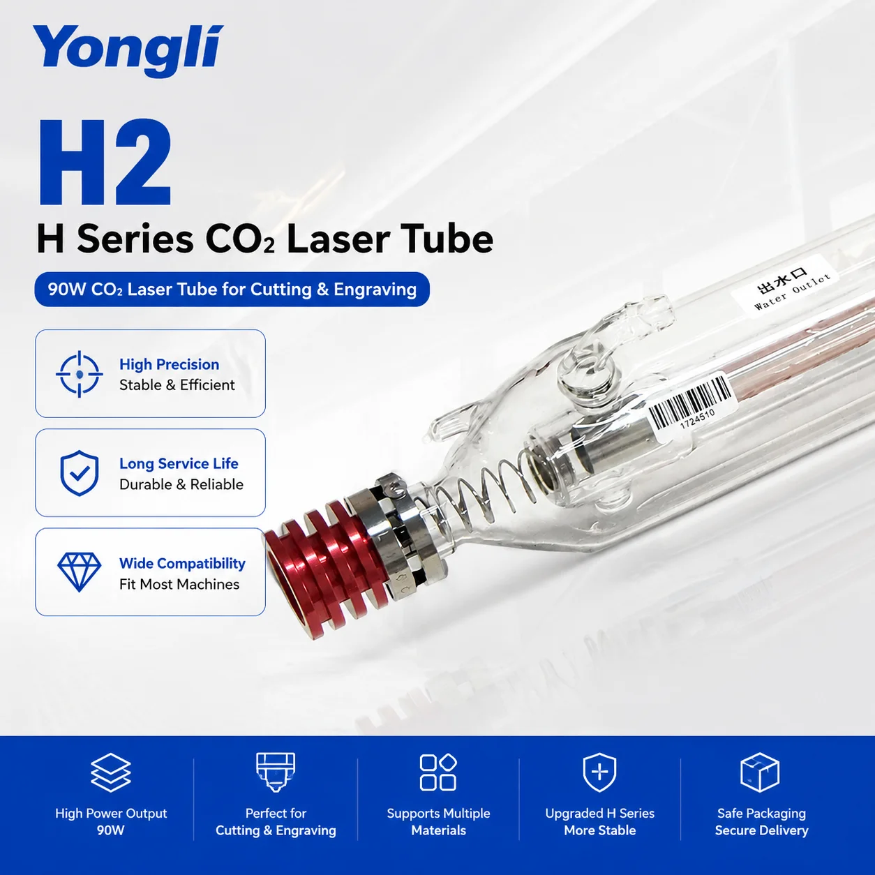 

Yongli H2 H Series 90W CO2 Laser Tube for Cutting & Engraving, High Precision, Durable, Compatible with Most Machines
