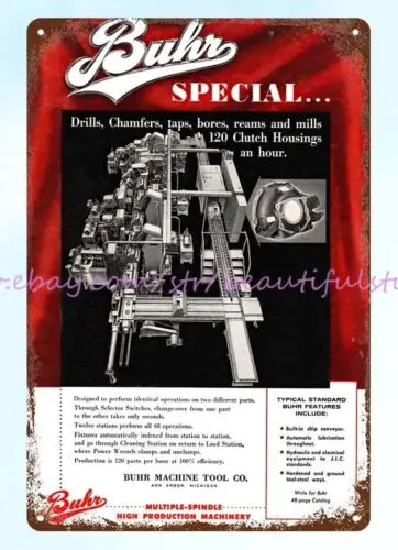 1954 machine drills reams chamfers Buhr Machine Tool metal tin sign