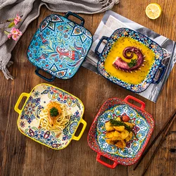 Bohemian Creative Square Ceramic Plate Double Ear Oven Plate Deep Roast Plate Cheese Baked Rice Plate Roast Wing Plate