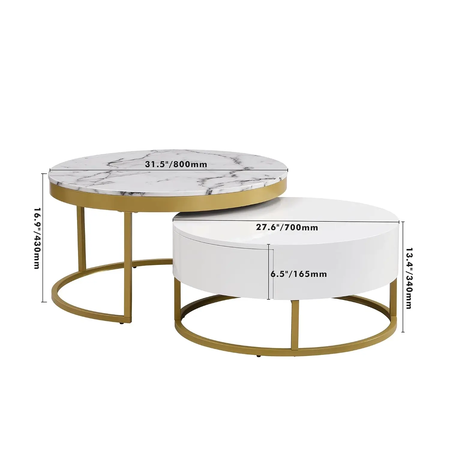 Modern Round Nesting Coffee Table with Marble Top, White & Gold Nesting Coffee Table Set of 2 Center Table with, Customized