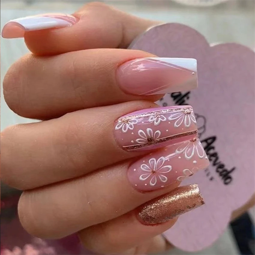 24Pcs/Set Medium Long French Fake Nails Nude Pink Geometric Artificial Removable Press on Acrylic Nails Hot Nails Stick on Nails