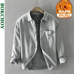 Autumn Winter New Striped Thick Velvet Shirts for Men Clothing 100% Cotton Casual Simple Men Shirts  AZ513