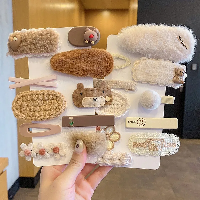 Milk Coffee Color Plush Hairpin 2021 New Bangs Side Barrettes Autumn And Winter Sweet Cute Clip Suit Headdress Wholesale