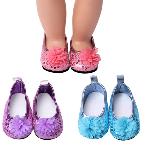 18 Inch Doll Glitter Small Flower Shoes Doll Fashion Small Leather Shoes Doll Flat Shoes Doll Shoes with Doll Accessories