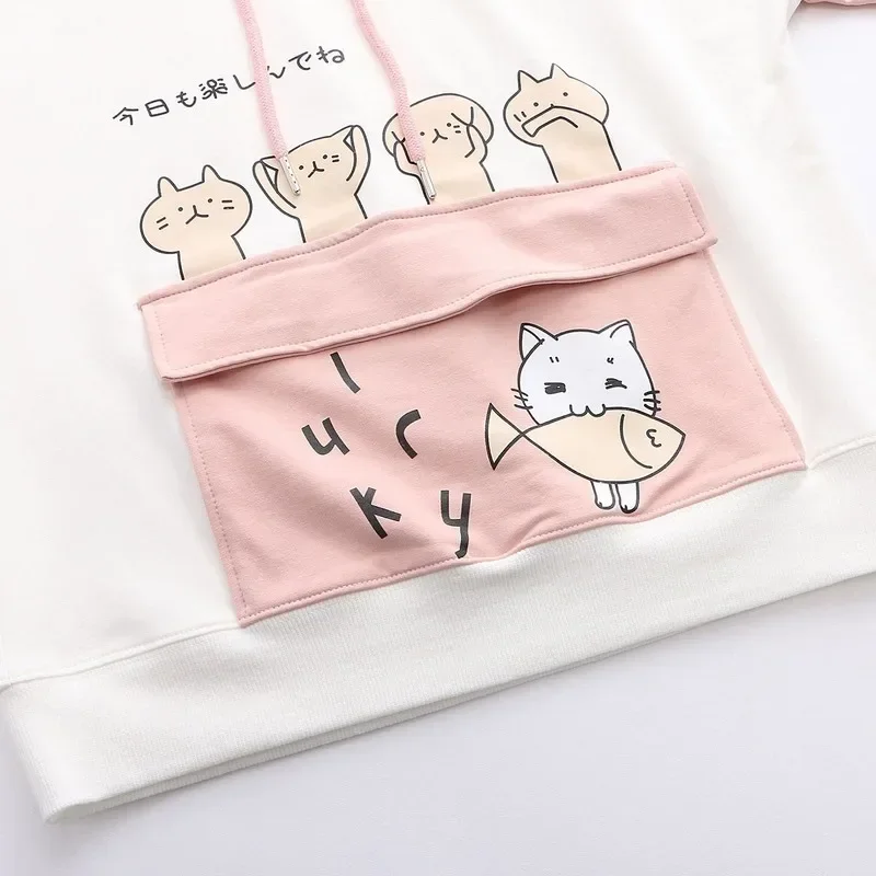 Women Harajuku Japanese Sweet Cute Cat Fish Hoodies Pink Kawaii Hooded Pullovers 2021 Spring Soft Streetwear Tops for Girls New