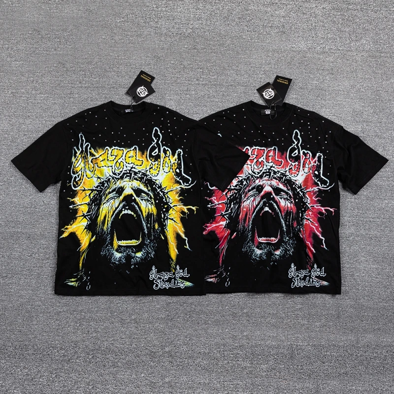 Streetwear-Mode Strass-Figuren-Grafik T-Shirt für Männer und Frauen, Übergroße Schwarze Gewaschene T-Shirts mit Schriftzug-Druck, Freizeitkleidung – Detail 2