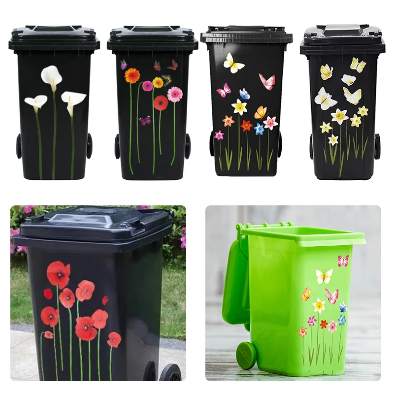 Flower Trash Can Stickers Daisy Lily Wheel Garbage Can Sticker Self-Adhesive PVC Decals Waterproof Decorative Sticker Wall Decor view 3