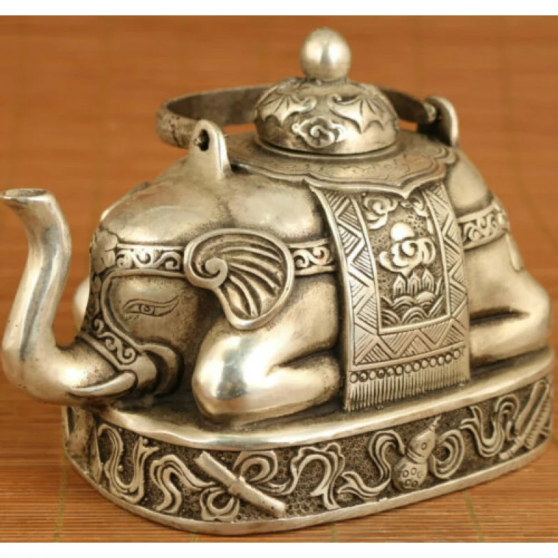 Antiques big chinese old Tibet silver elephant statue tea pot home decoration