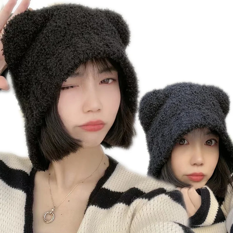 

Outdoor Faux Fur Cap Women Vintage Bucket Hat Female Cute Lamb Fleece Bear Ear Plush Warm Thickened Beanie Hat Protection Bucket