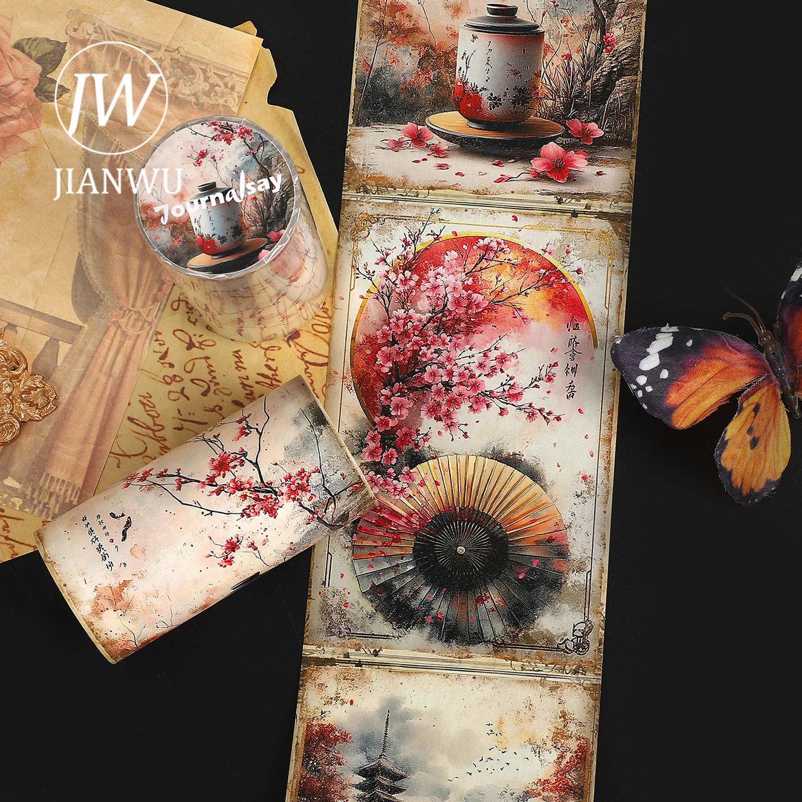 JIANWU 80 مللي متر * 205 سنتيمتر أزهار الكرز خمر شخصية المشهد المواد الكولاج سجل القصاصات اشي الشريط الإبداعية مجلة القرطاسية