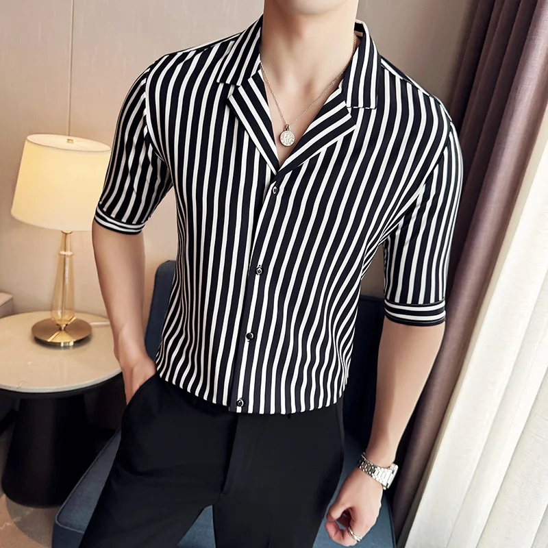 

Черно-белые летние мужские рубашки в полоску с коротким рукавом, облегающие повседневные офисные мужские рубашки с отложным воротником, универсальные размеры больших размеров