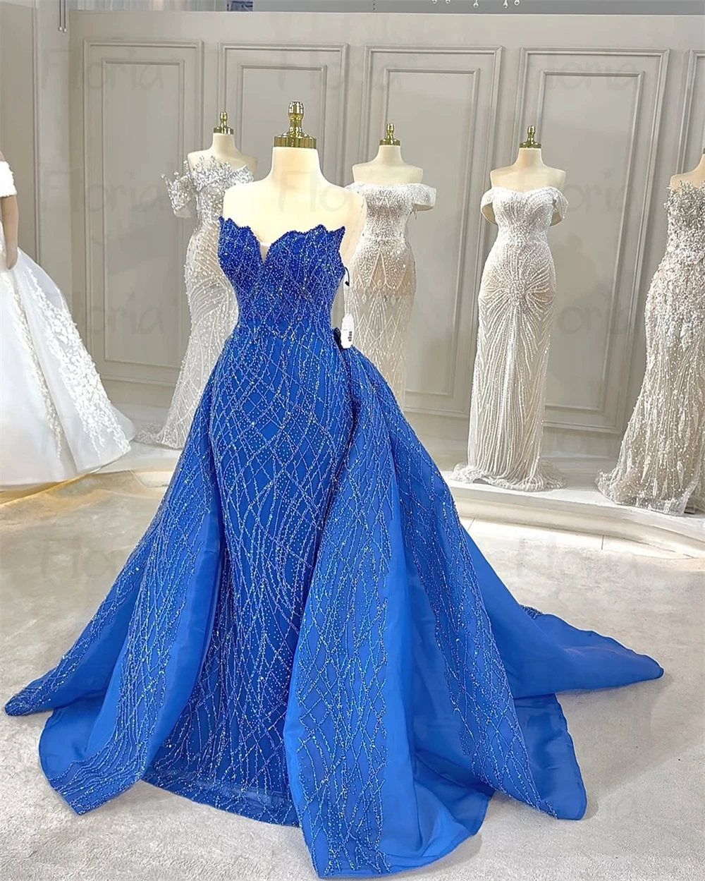 gold and royal blue bridesmaid dresses Stunning Royal Blue Off Shoulder Mermaid Floor-length Bridesmaid Dress –  Dairy Bridal main image 0