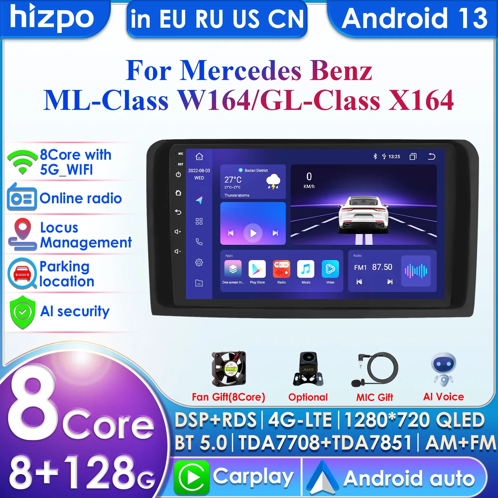 8G+128G 4G-LTE Carplay AI 2Din Android Car Radio GPS for Mercedes Benz X164 GL Class ML W164 ML500 AutoRadio DSP IPS Screen RDS