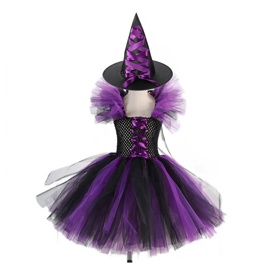 2 Pieces Witch Tutu Dress with Hat Girls All Saint\'s Day Bruja Wizard Costume Role Play Toddler Halloween Party Fairy Witch Gown