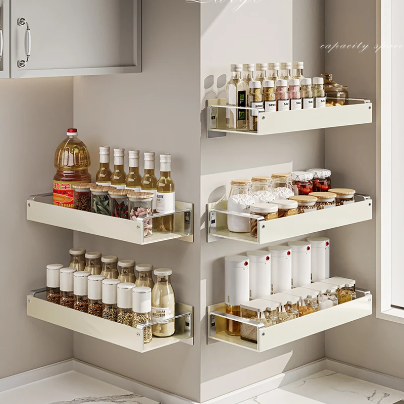 

No-Drill Wall Mounted Spice Rack Multi-Layer Kitchen Organizer for Seasonings Space-Saving Storage Shelf Removable Bottle Holder