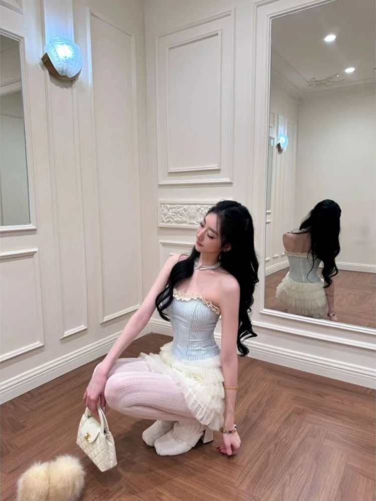 French style fresh and sweet spicy girl style striped strapless top+cake puffy short skirt women fashionable two piece set