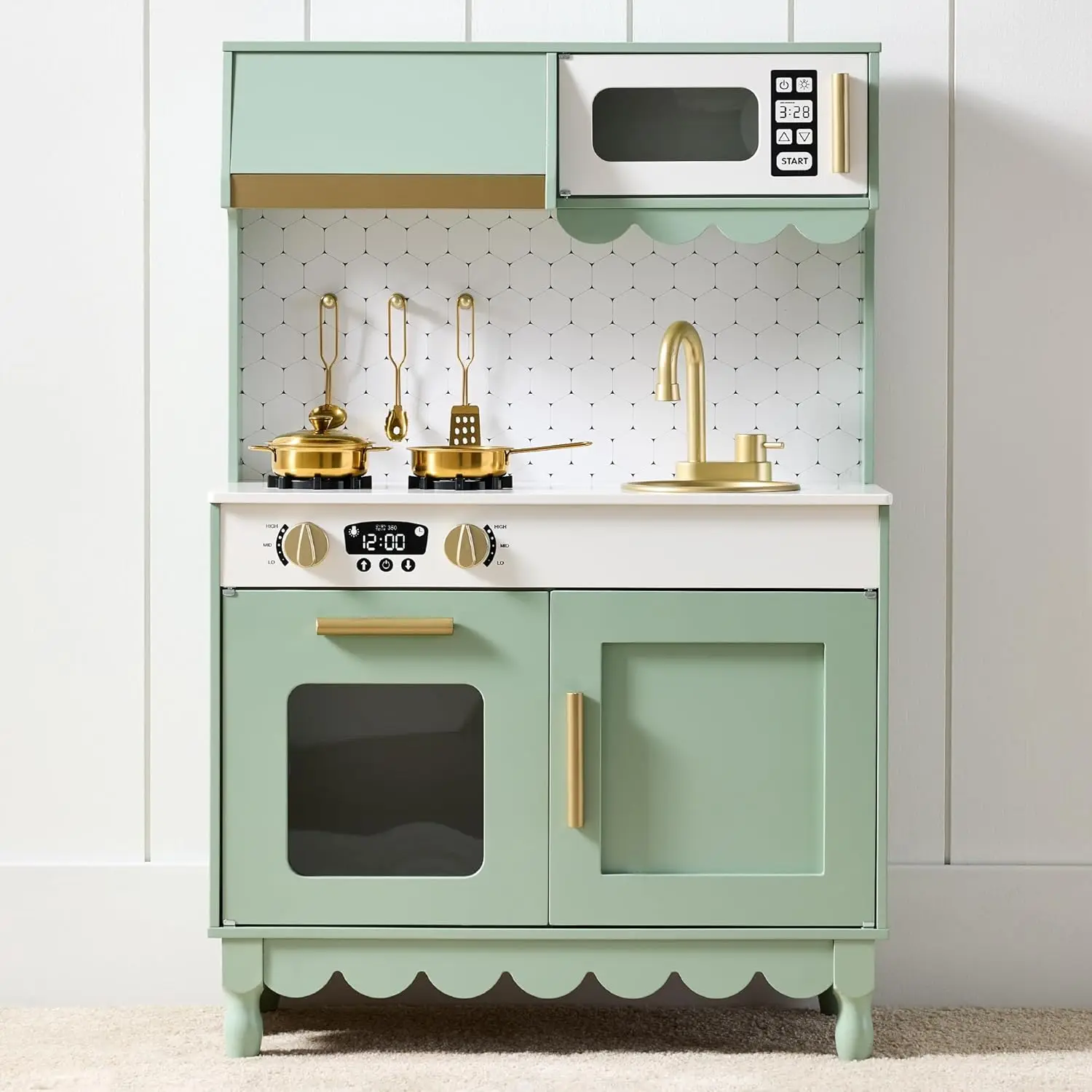 Wooden Pretend Play Cottage Kitchen Kids Toy w/Storage, Scalloped Edge, 5 Accessories, Microwave, Oven, Clicking Knobs - Sage