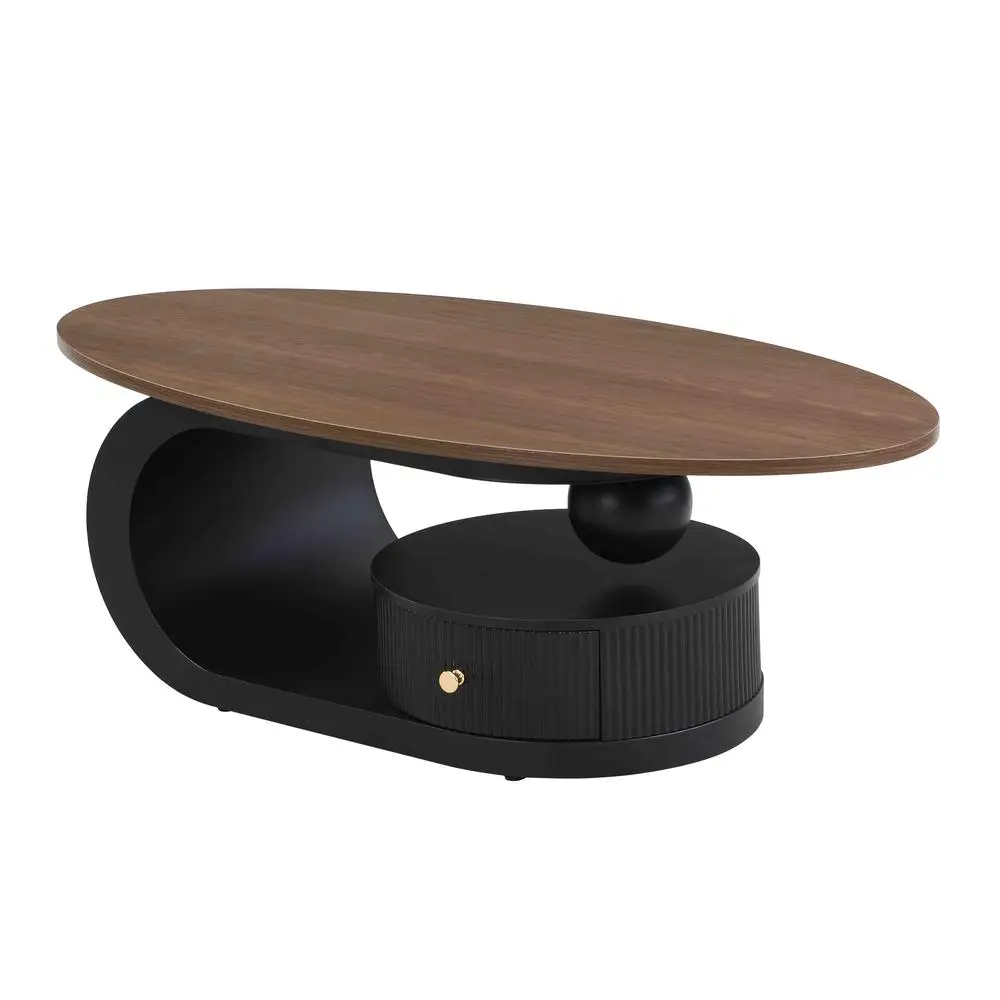 Luxury Nesting Coffee Table Set Oval Large 47in Small Round 19in Black Metal Frame NaturalWood MDFTopStorage Safe RoundedCorners