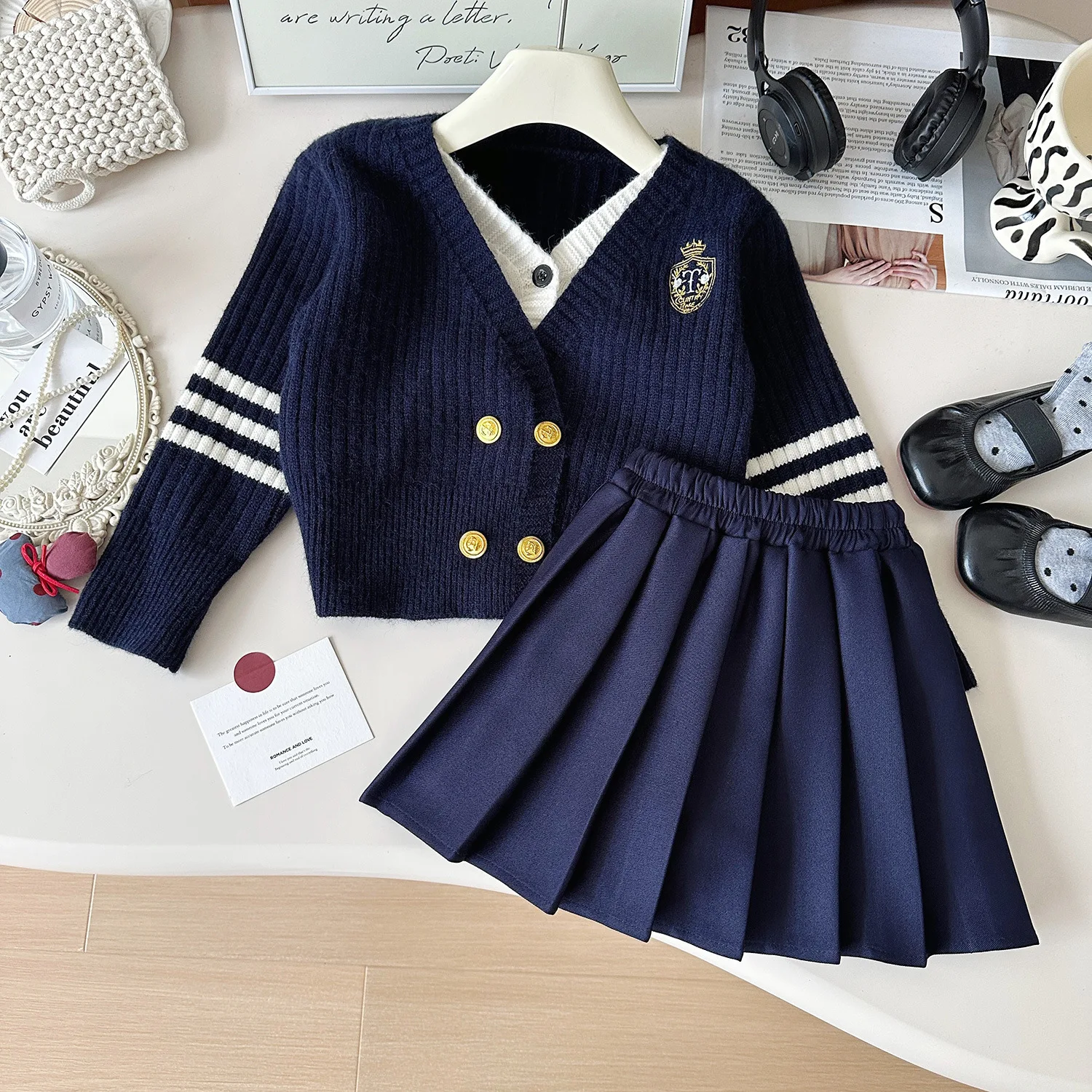 Vintage Preppy Suit Korean Style Girls Fake Two Knitted Top Cardigan+Pleated Skirt  2 Piece Set Spring Autumn Tracksuits 2-9Yrs