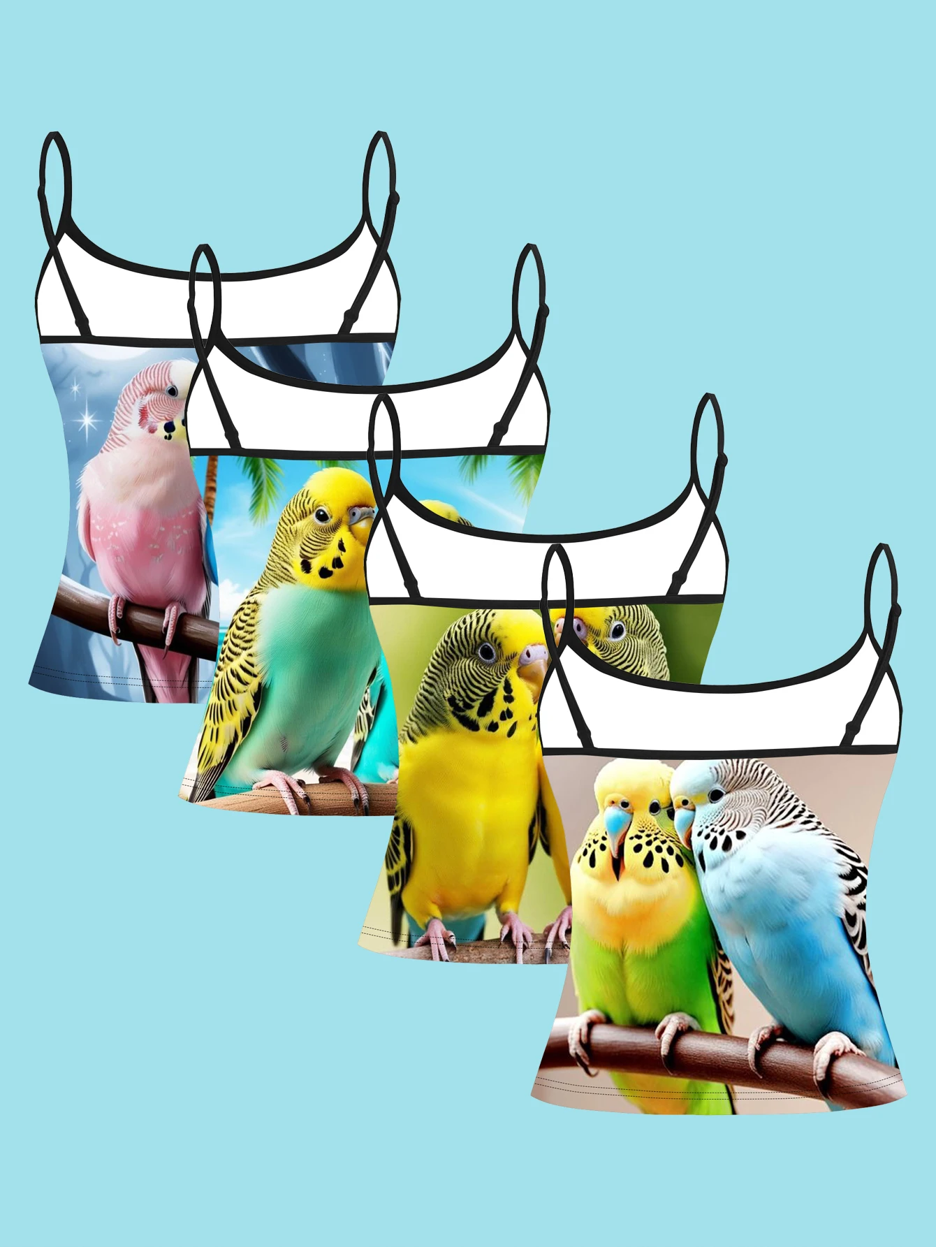 4-Piece Set of Fresh and Bright Color Parrot Print Camisole Set, Tropical Landscape Bird Print Women's Spaghetti Strap Inner Layering Top