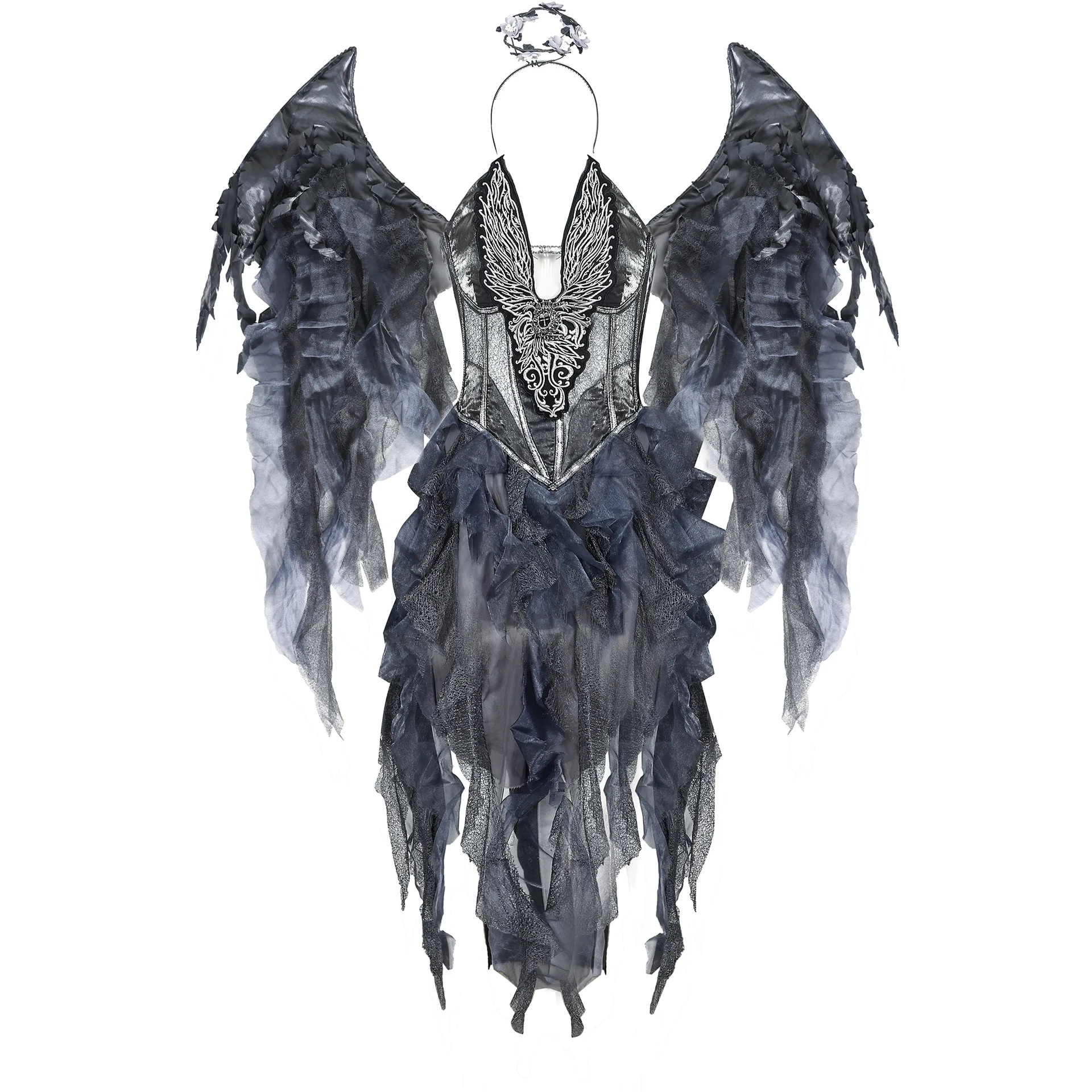 Easter Purim Halloween Dark Fallen Angel Costume Dress with Headband Wings Set Performance Costume Cosplay Props Women Adult