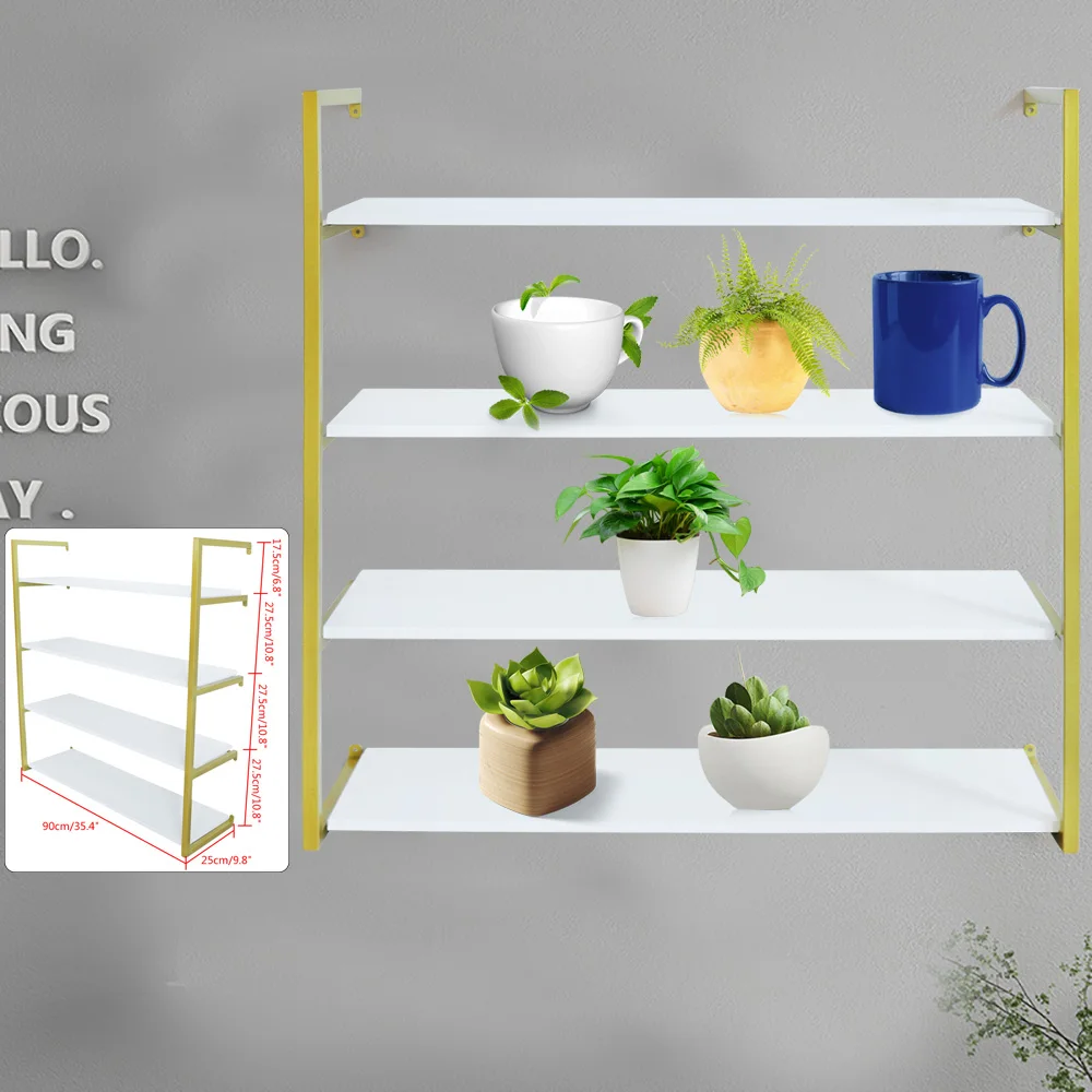 

4 Tier Wood Wall Mounted Storage Racks Gold Wall Mounted Floating Shelves for Living Room Office Bedroom