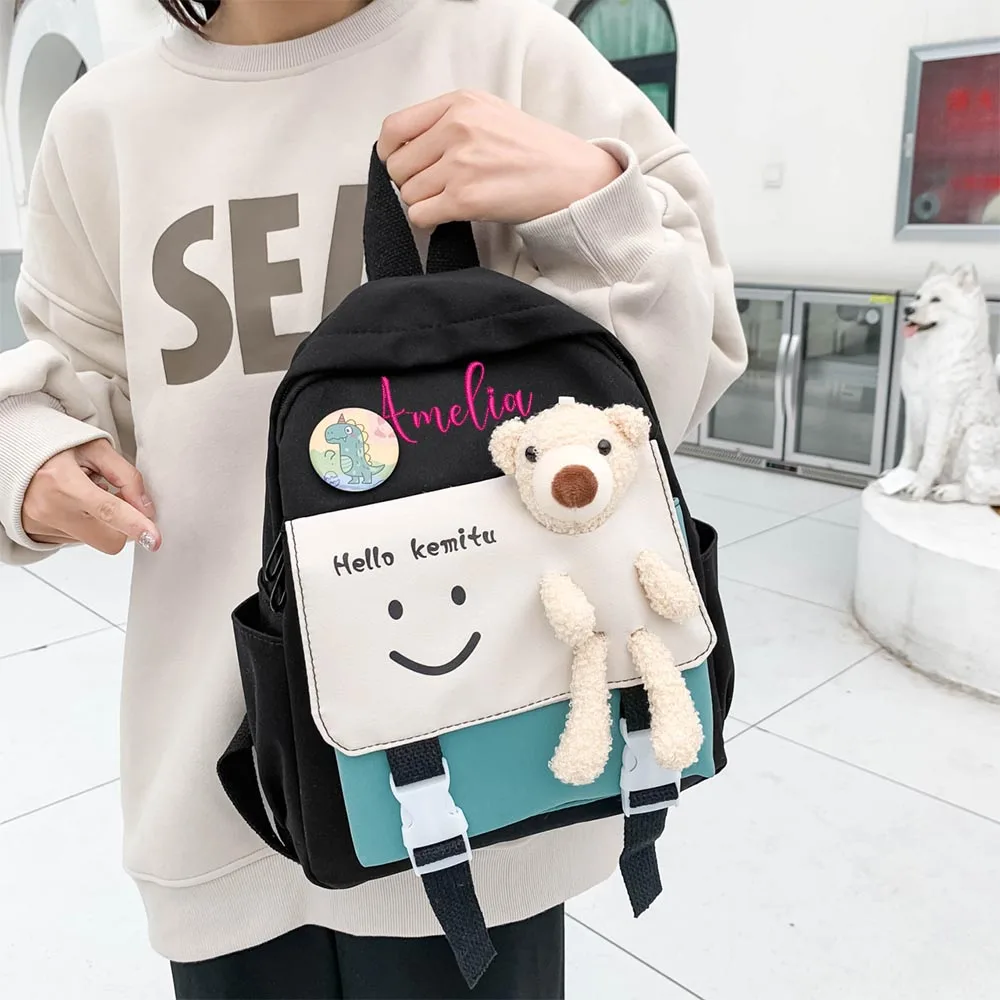 

Personalized Embroidered Name Men And Women's Nylon Backpack, Middle School Student Travel Bag, Cute Little Bear Bag