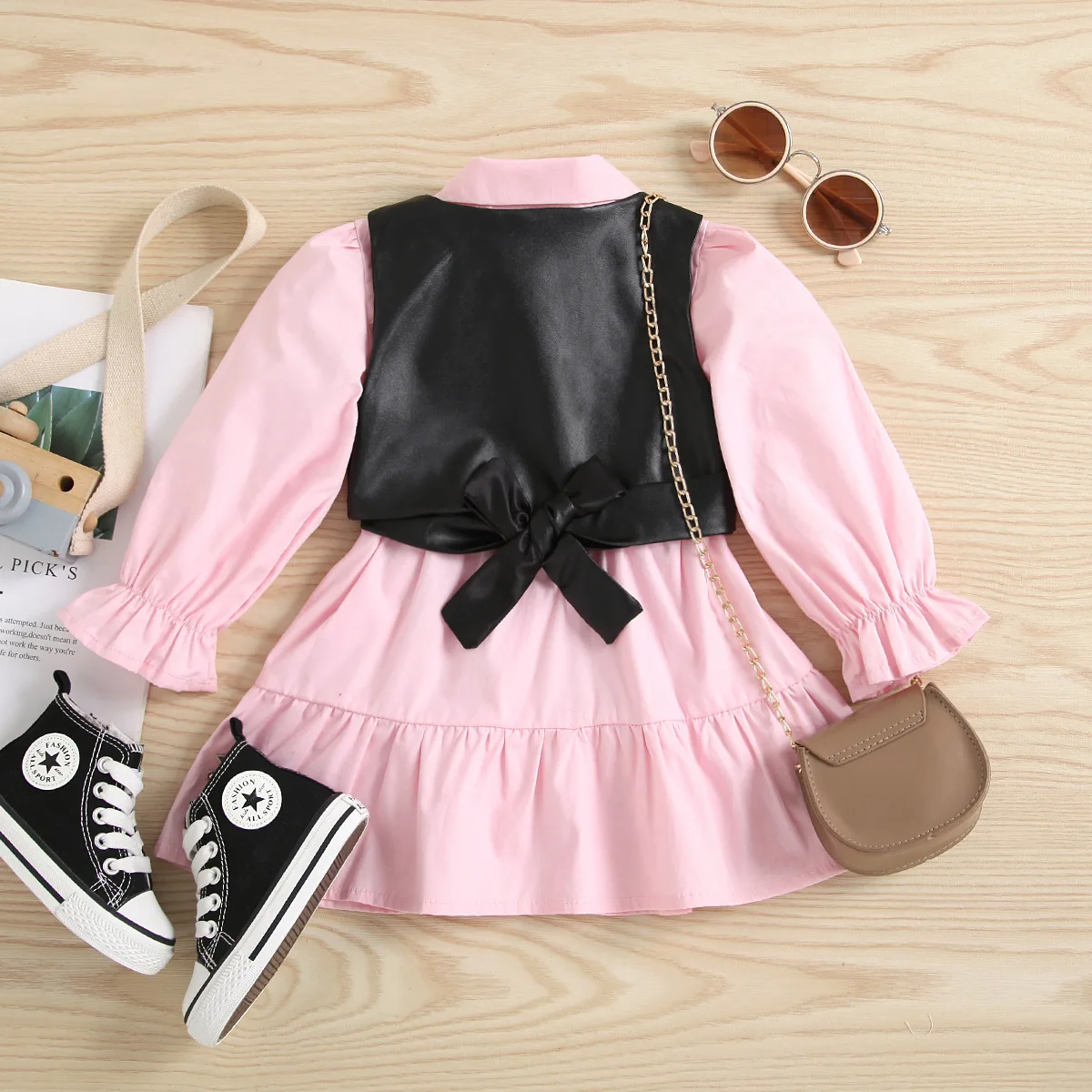 2PCS Girls\' Cotton Pink Shirt with Leather Vest Casual Shirt Suitable for Party School Uniform Easy Care