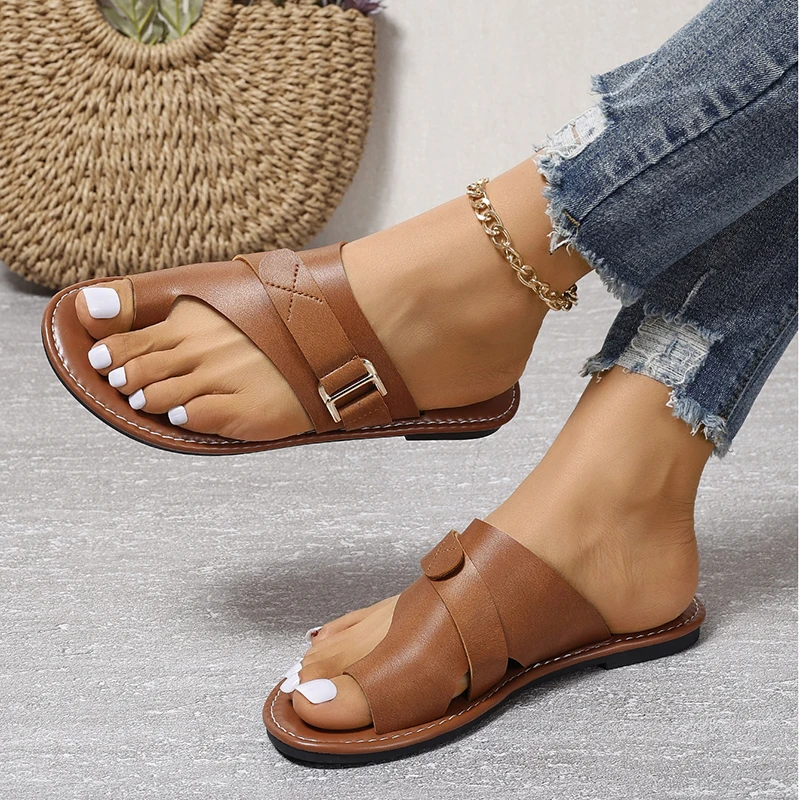 Women Sandals Outside Casual Beach Women Shoes Summer New Flats Flip Flop Sandals Walking Clip Toe Roman Buckle Ladies Slides