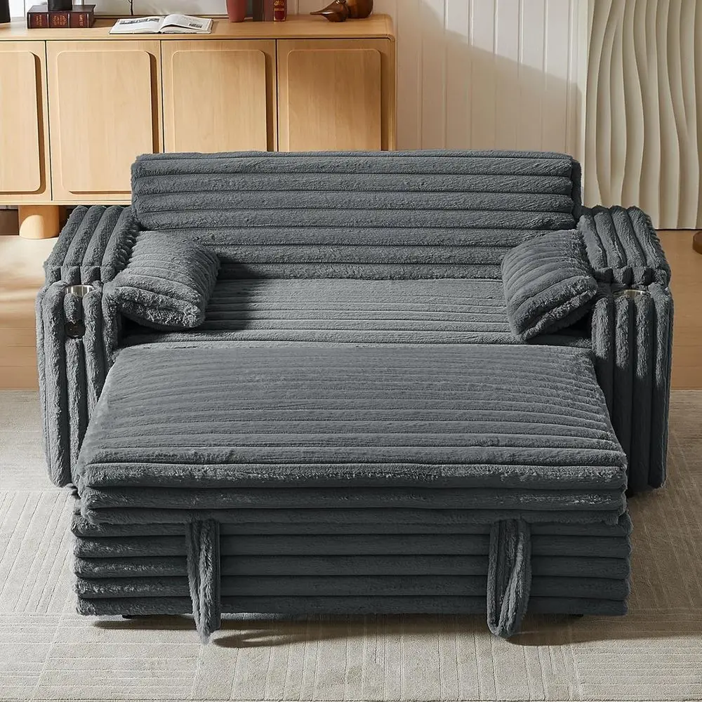 Corduroy 3-in-1 Convertible Sofa Bed with USB Port, Portable Sleeper Chair, Pillows & Armrests, Ideal for Living Room, Bedroom,