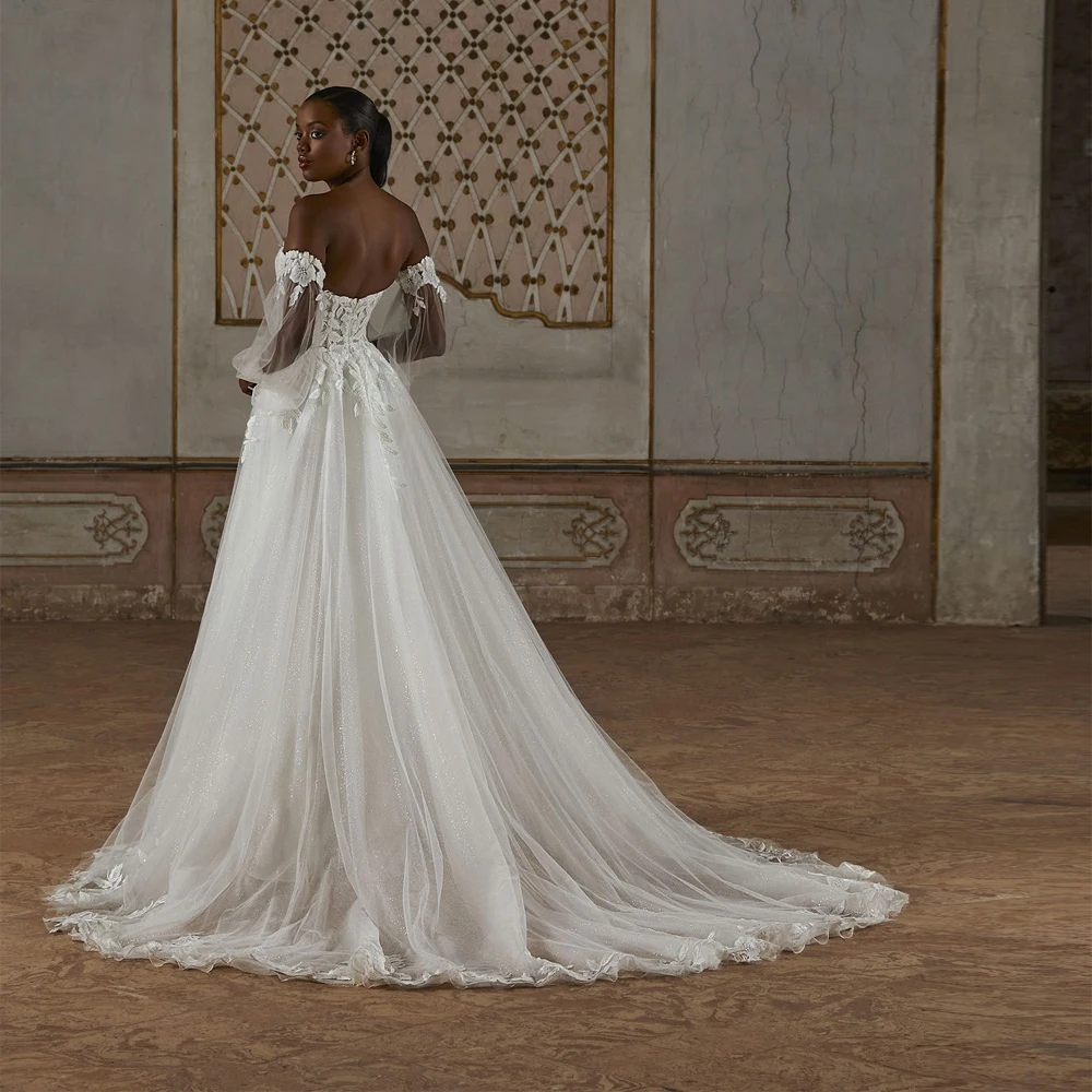 Customized Wedding Dresses A Line Strapless Bridal Growns Detachable Sleeves Applique Lace Open Back Zipper Vestido de novia