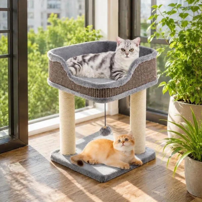 Arbre à chat en bois 55 x 45 x 80 cm avec plateforme supérieure à bords surélevés, tissu peluche ultra doux et poteaux en sisal naturel, base épaisse et stable, jouet interactif, montage facile pour NONE