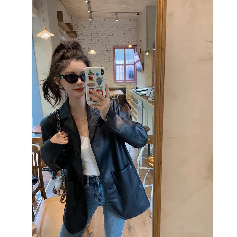 Black Suit Leather Jacket Women's 2025 Early Autumn High-end Feeling Street Small Retro Hong Kong Style Loose Jacket